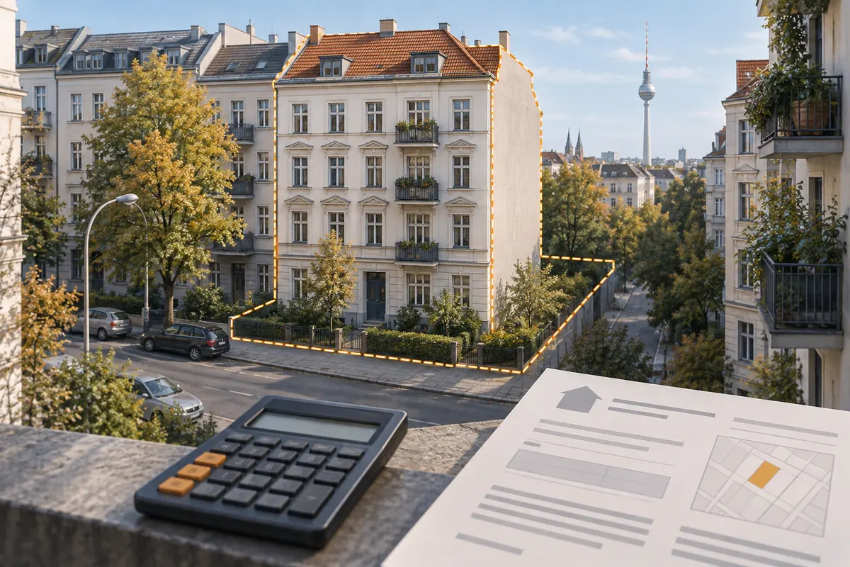 Berliner Wohnhaus mit markierter Grundstücksfläche, Rechner und neutralem Steuerdokument