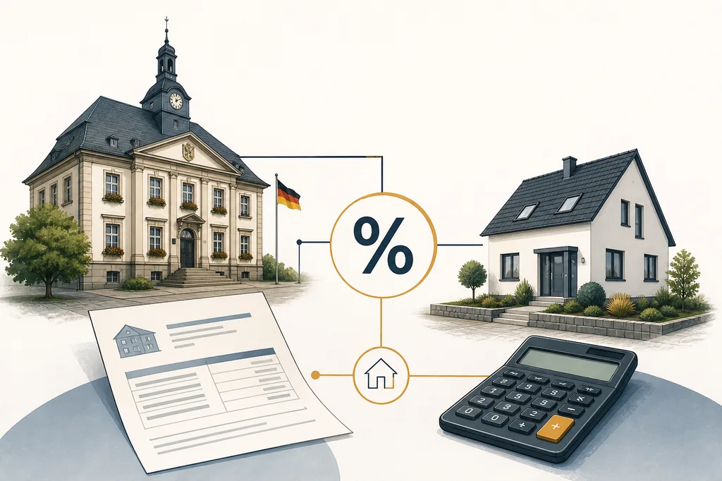 Gemeinde, Wohnhaus, Steuerbescheid und Prozentzeichen als Illustration zum Grundsteuer-Hebesatz 2026